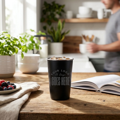 A black insulated travel tumbler with a custom printed logo placeholder sits on a rustic wooden table in a bright, sunlit kitchen setting. An open book and a small plate of berries are nearby, with a blurred person in the background.