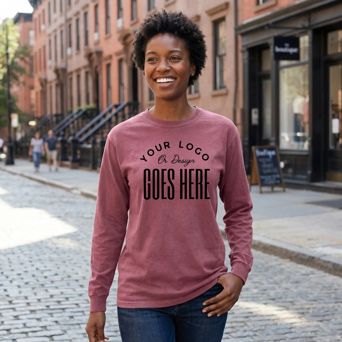 Custom heavyweight long sleeve T-shirt by Winks Design Studio, made from Comfort Colors ringspun cotton, shown in a natural relaxed fit.