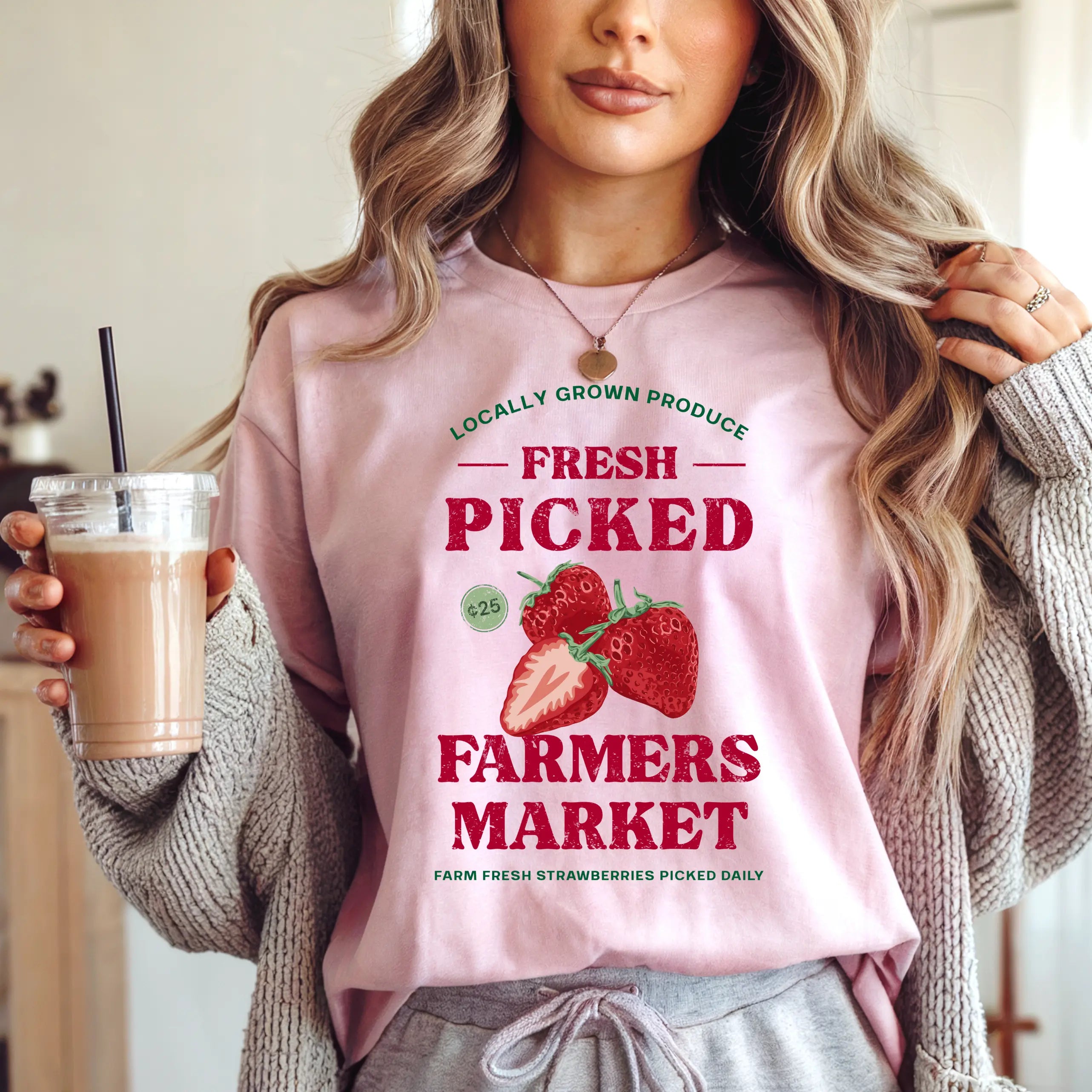 Winks Design Studio LLC farmers market fresh picked strawberry T-shirt featuring a vibrant strawberry graphic on soft fabric.