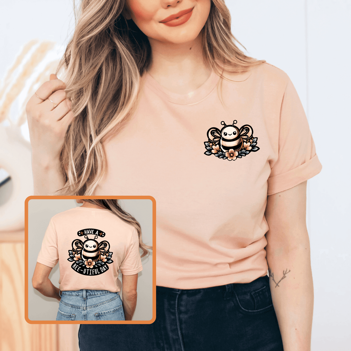 Woman wearing Bee-utiful Day T-shirt with hand-drawn bee design and "Have a Bee-utiful Day" message. Casual, nature-inspired tee.