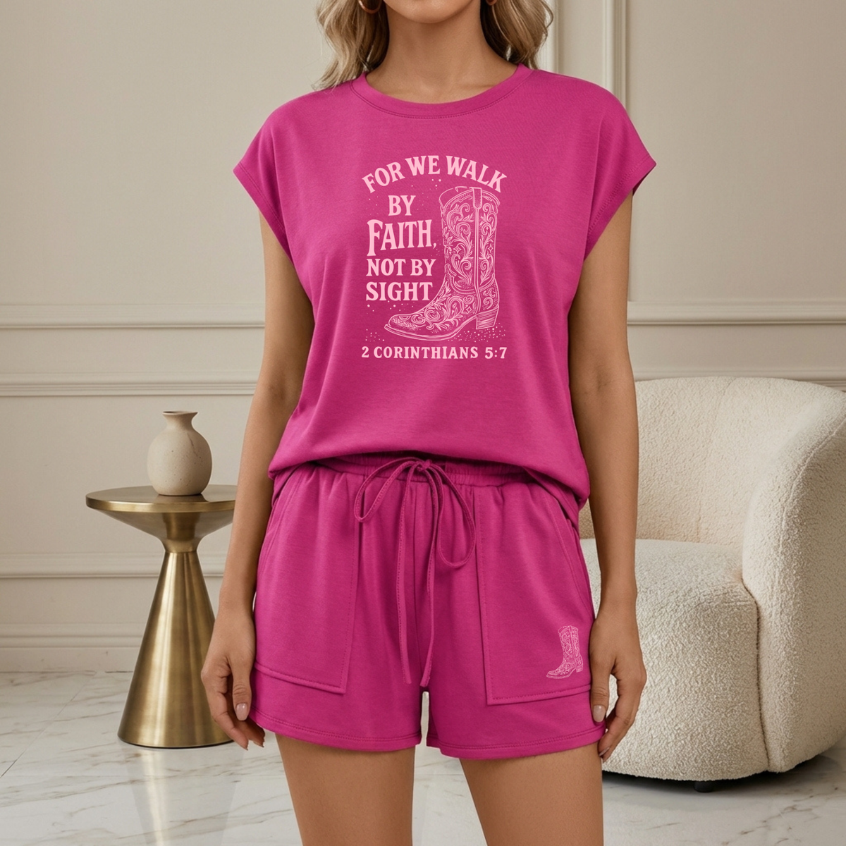 Walk By Faith lounge short set by Winks Design Studio featuring Christian-themed loungewear with 2 Corinthians 5:7 print.