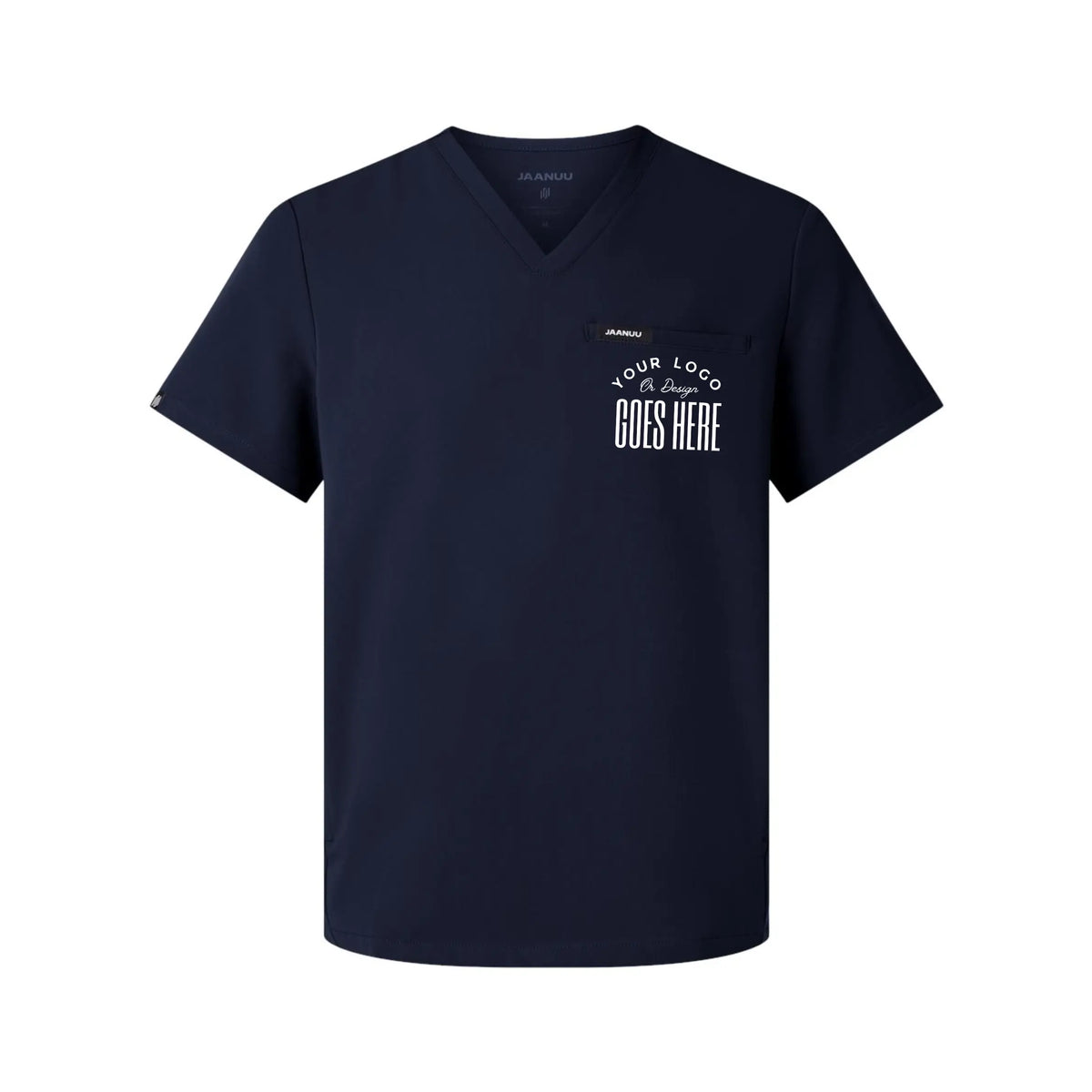 Custom Jaanuu 3-pocket V-neck scrub top by Winks Design Studio, LLC, in medical uniform fabric with practical chest and front pockets.