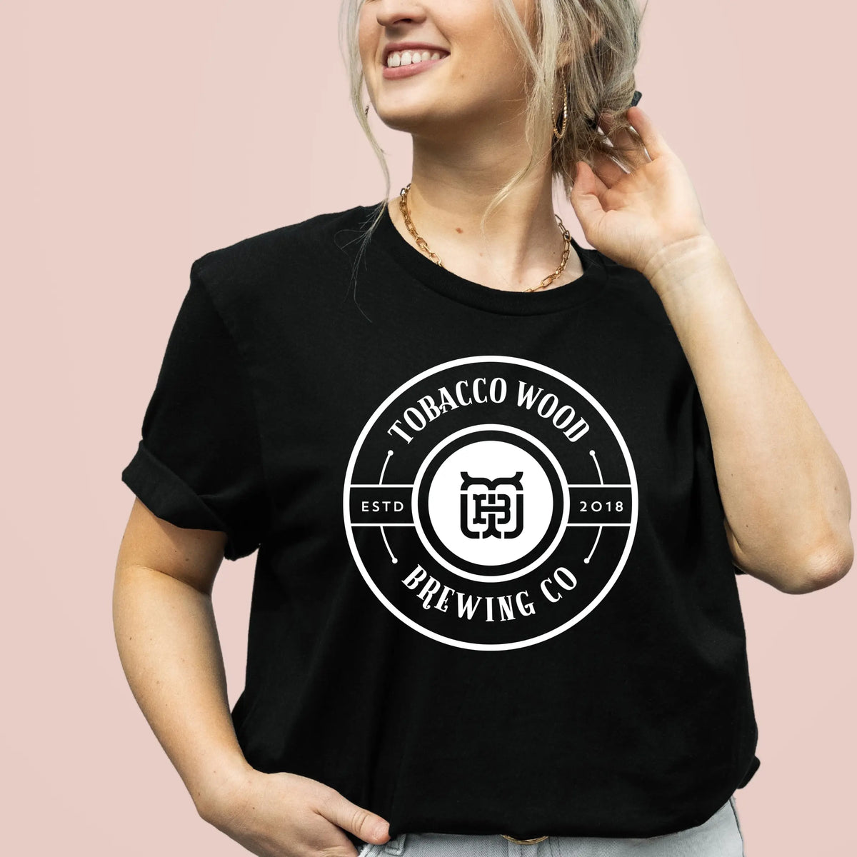 Tobacco Wood Brewing Circular T-shirt by Winks Design Studio, LLC featuring a printed circular brewing logo on a casual cotton T-shirt.