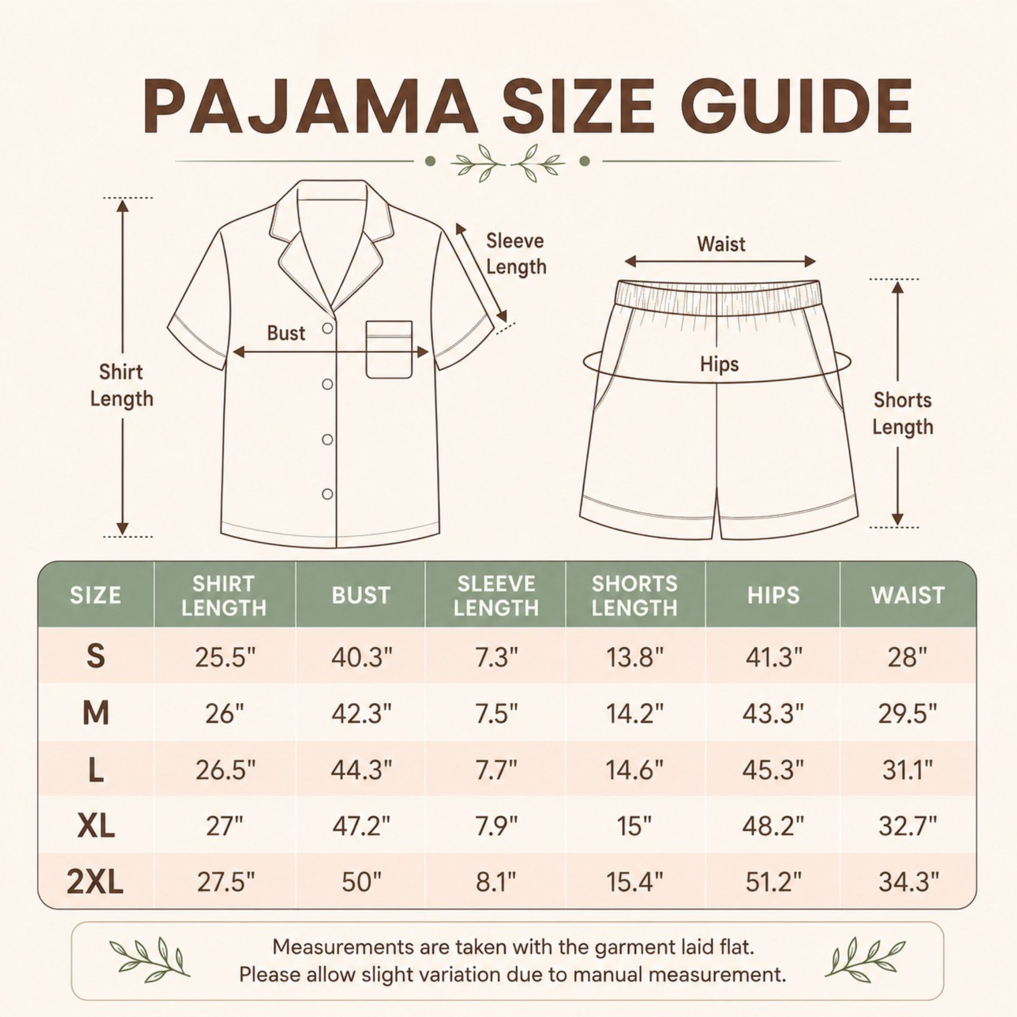 Pajama size guide chart showing garment measurement diagrams for a short-sleeve pajama shirt and shorts, with a size table listing S through 2XL measurements.