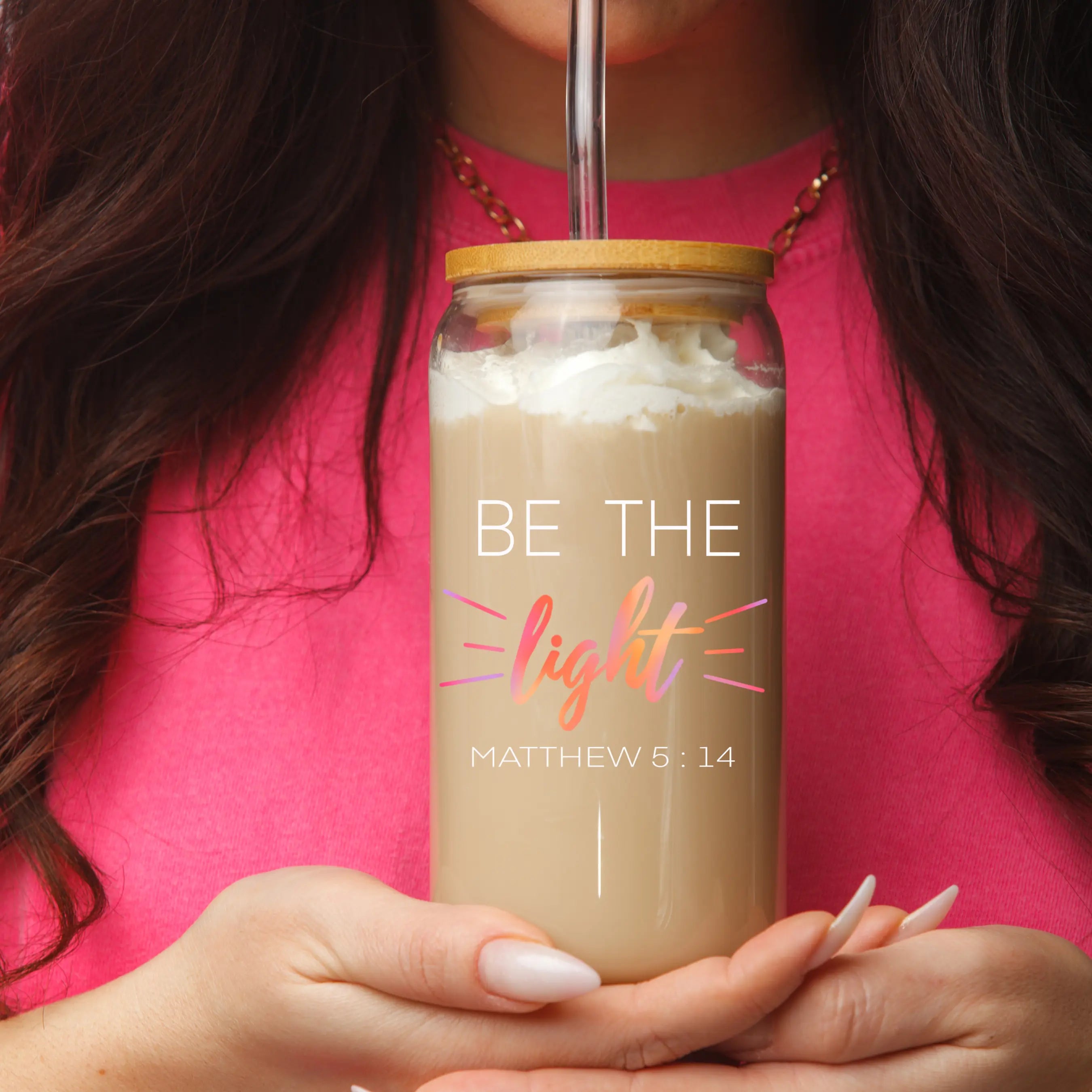 Clear glass 20oz beer can featuring "Be The Light – Matthew 5:14" design by Winks Design Studio, LLC.