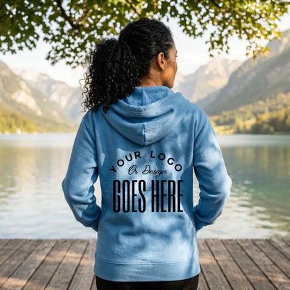Back view of a light blue custom hoodie with a large black "Your Logo or Design Goes Here" full back placeholder print