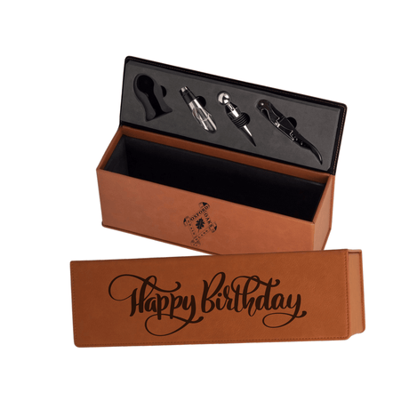 Oxford Oaks Distillery Wine Box in Buckskin with 'Happy Birthday' engraving and wine accessories inside.