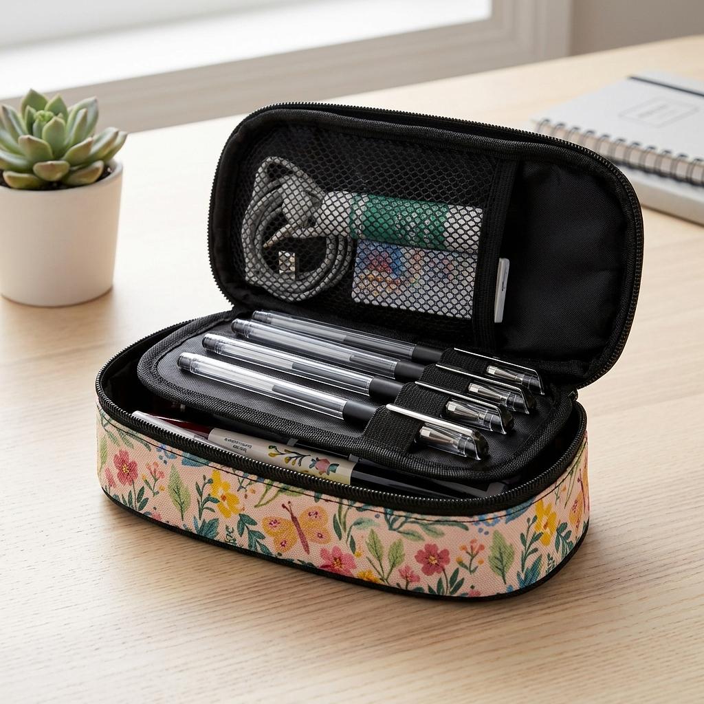 Winks Design Studio Storybook Garden 3-layer pencil case with colorful floral design and multiple compartments for pens and pencils.