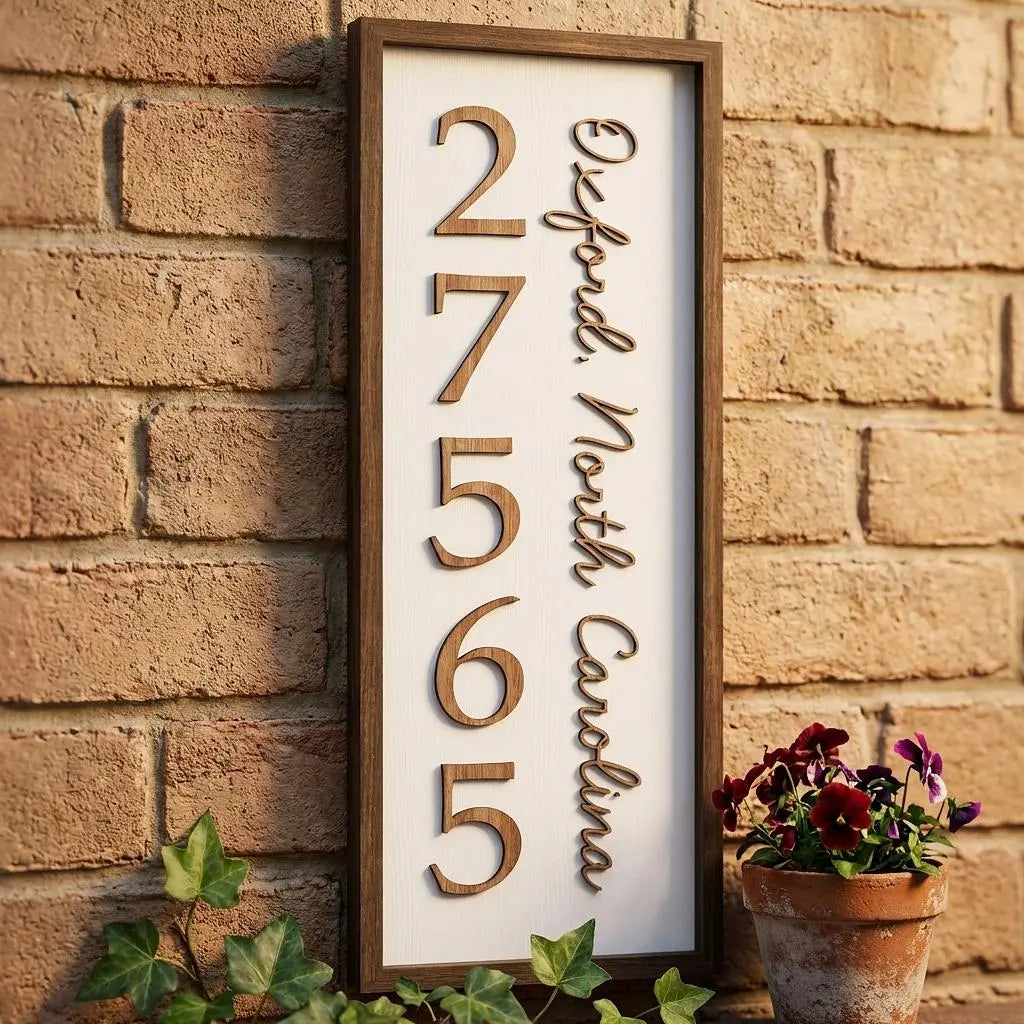 Personalized wood wall art sign displaying city, state, and zip code in vertical layout by Winks Design Studio, LLC.