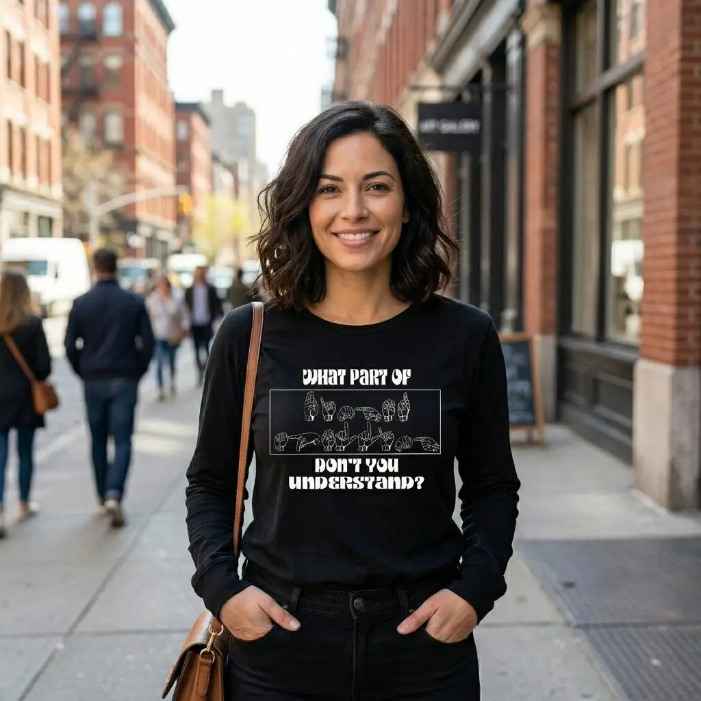 Long sleeve shirt with ASL finger spelling design by Winks Design Studio, LLC, featuring a comfortable fit and bold hand sign graphics.