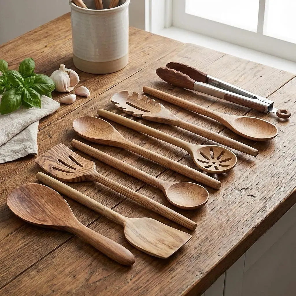 Set of 8 teak wooden kitchen utensils including spoons and spatulas, crafted by Winks Design Studio for cooking and food prep.
