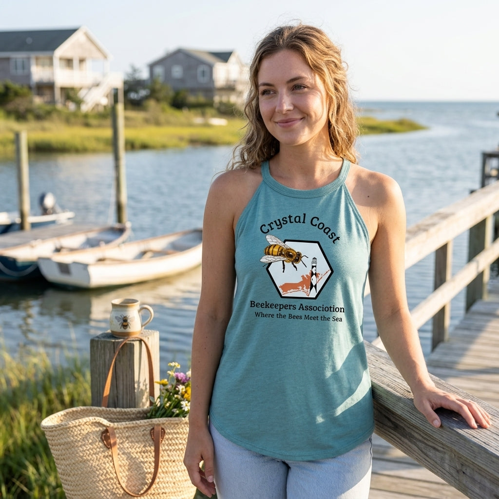 Winks Design Studio Crystal Coast Beekeepers halter tank top featuring a stylish, lightweight design with a beekeeping-themed print.