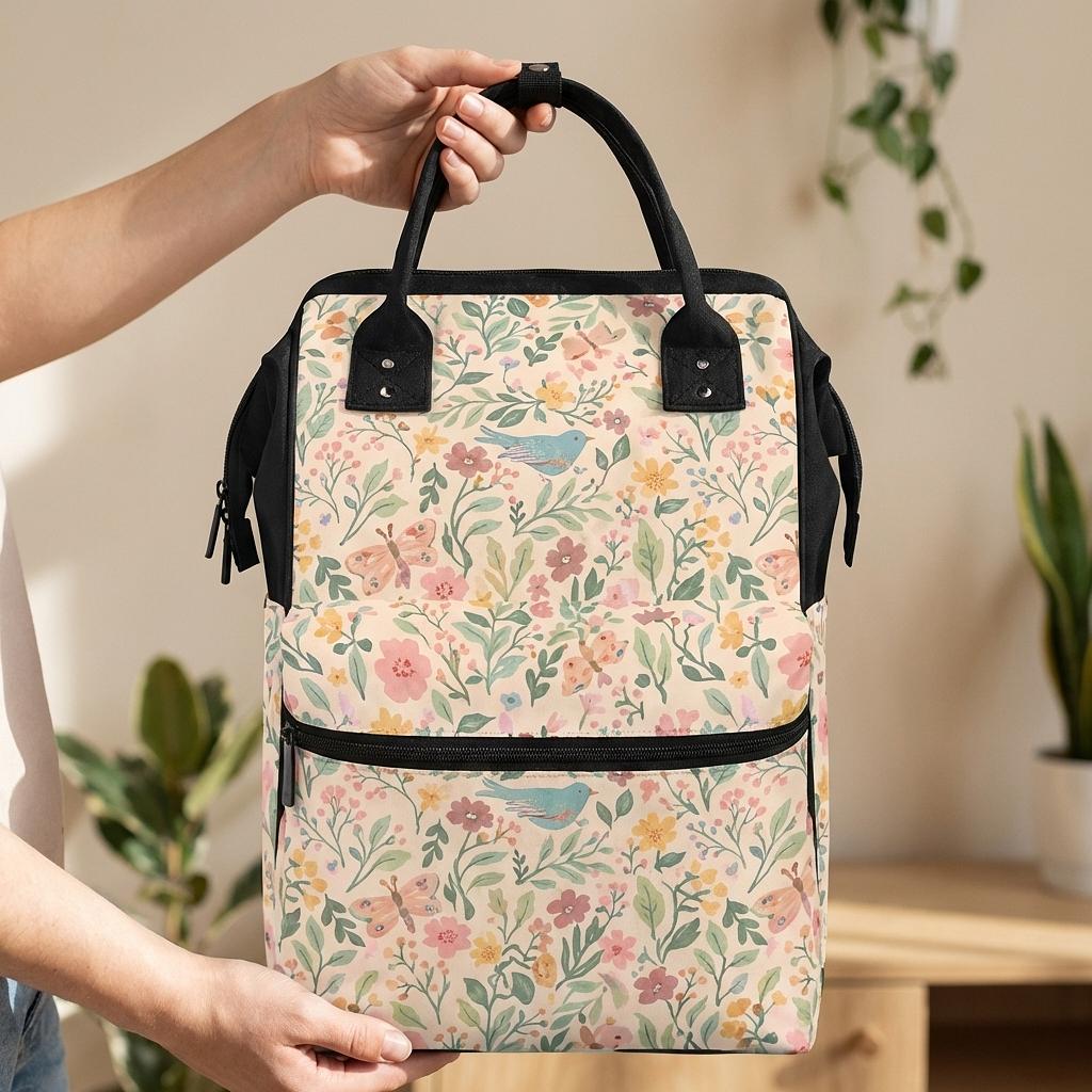 Colorful Storybook Garden Duckbilled Backpack by Winks Design Studio featuring a whimsical duckbilled design and adjustable straps.
