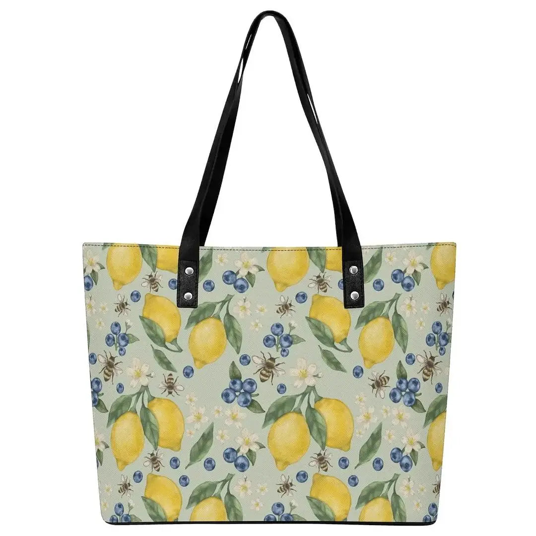 Lemonberry Bloom leather tote bag by Winks Design Studio, LLC, featuring a stylish design and spacious interior.