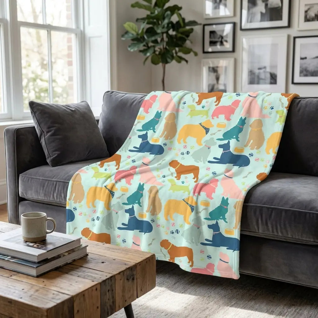 Soft fleece blanket featuring cute dog breed design, 80x60 inches, by Winks Design Studio, LLC.