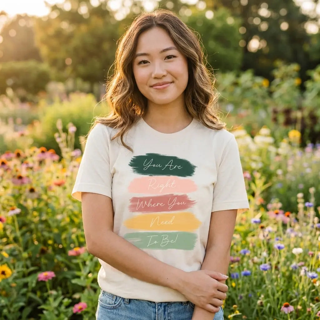 Winks Design Studio "You Are Right Where You Need To Be" casual T-shirt with uplifting message, soft fabric, and comfortable fit.