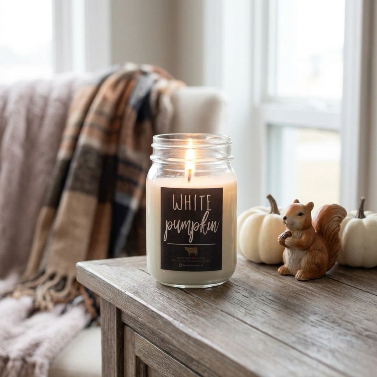 A lit white candle in a clear glass mason jar sits on a rustic wooden table in a cozy indoor setting. The front label reads “WHITE pumpkin.