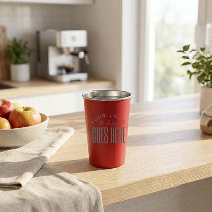 A red insulated travel tumbler with a stainless steel lid sits on a light wood kitchen counter. The tumbler has a customizable text design that reads &