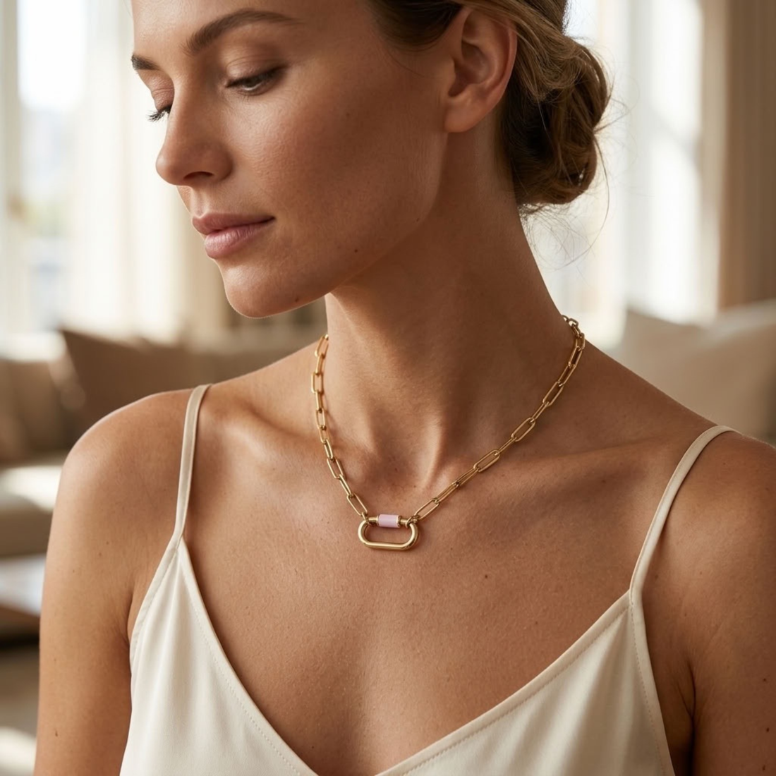 A woman wearing a gold chain necklace with a small rectangular pink stone pendant, photographed in a softly lit indoor setting.
