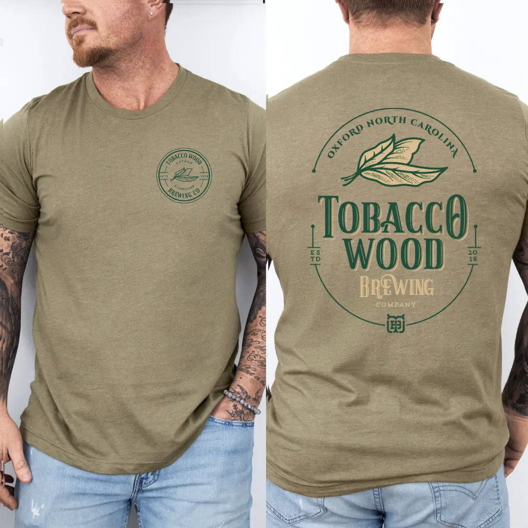 Winks Design Studio tobacco wood brewing pocket and full back T-shirt, casual cotton tee with printed brewing design.