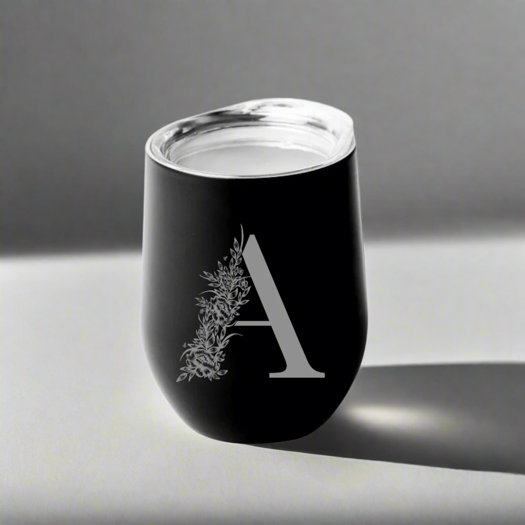 Custom Floral Monogram 12oz Wine Tumbler - Winks Design Studio,LLC