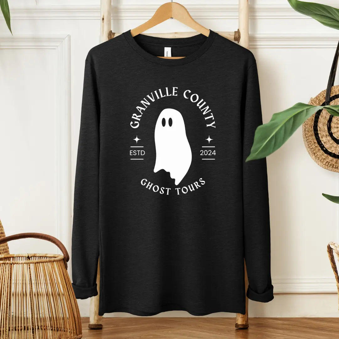 Winks Design Studio LLC Granville County Ghost Tours long sleeve shirt featuring spooky ghost illustrations and ghostly themes.