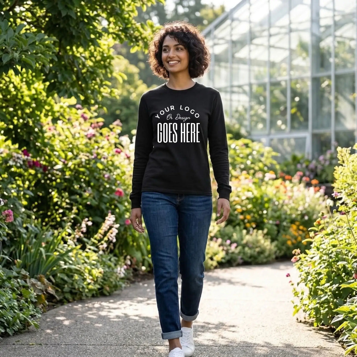 Black custom long sleeve t-shirt with a large white "Your Logo or Design Goes Here" center chest placeholder print