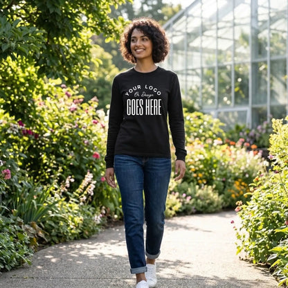Black custom long sleeve t-shirt with a large white "Your Logo or Design Goes Here" center chest placeholder print