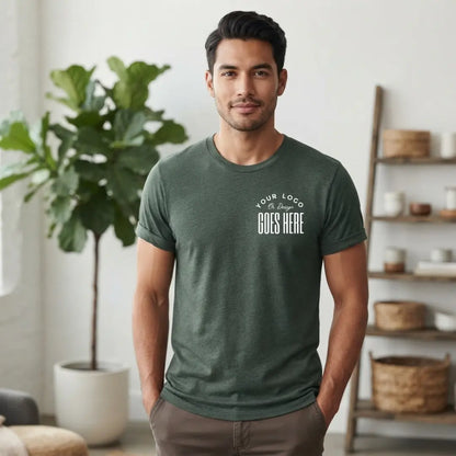 Heather forest green custom t-shirt with a white "Your Logo or Design Goes Here" left chest placeholder print
