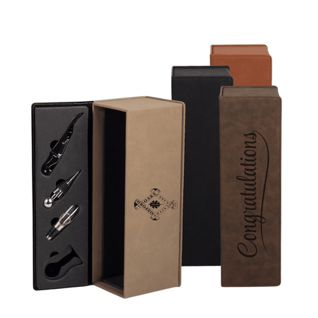 Oxford Oaks Distillery Wine Box with wine accessories, featuring customizable designs in Buckskin, Chestnut, and Bay Brown.