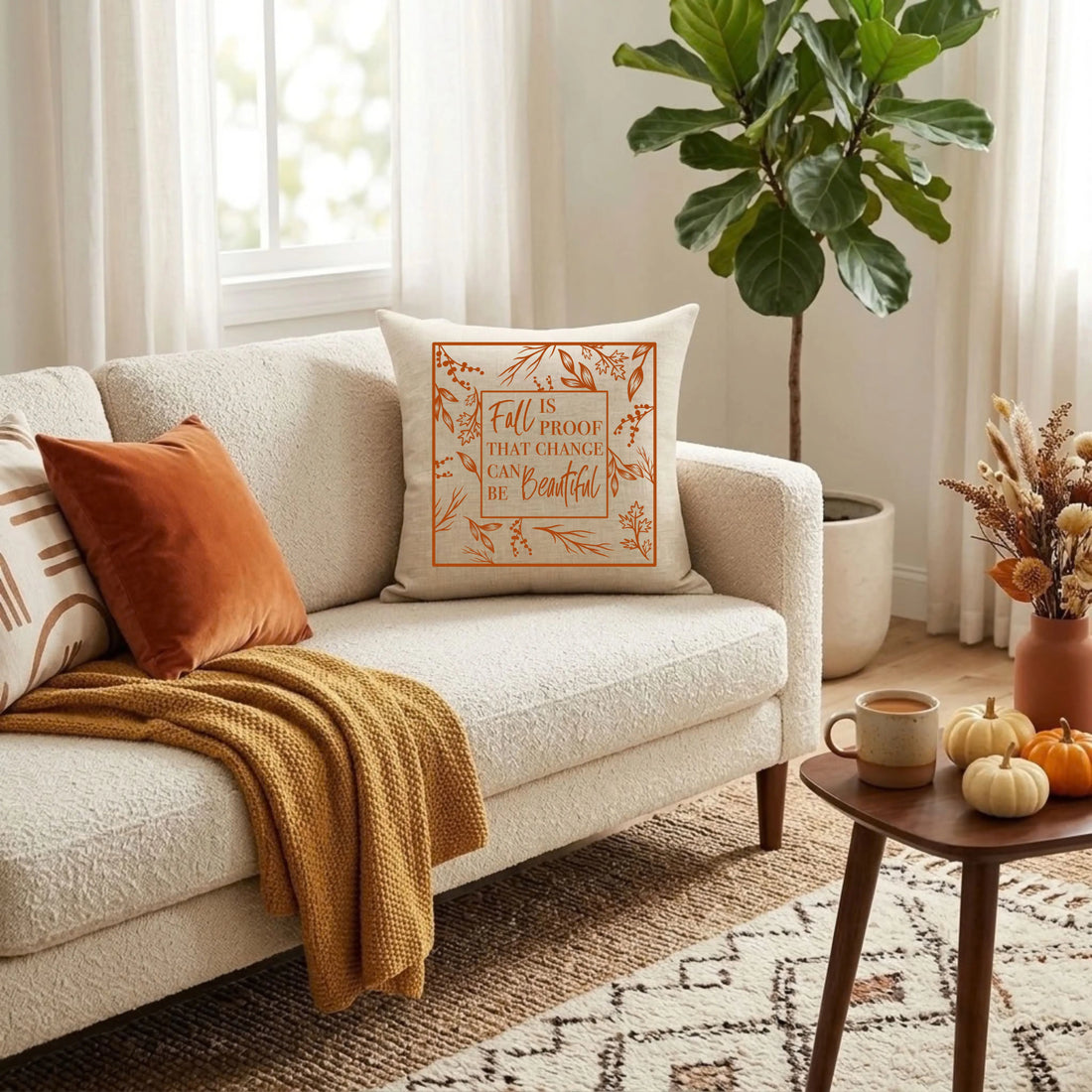 Natural linen throw pillow with a burnt orange "Fall Is Proof That Change Can Be Beautiful" quote on a cream boucle sofa
