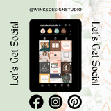 The image is a promotional graphic for a design studio called WINKDESIGNSTUDIO, featuring a tablet displaying a social media interface with various social media icons and a message encouraging social engagement.