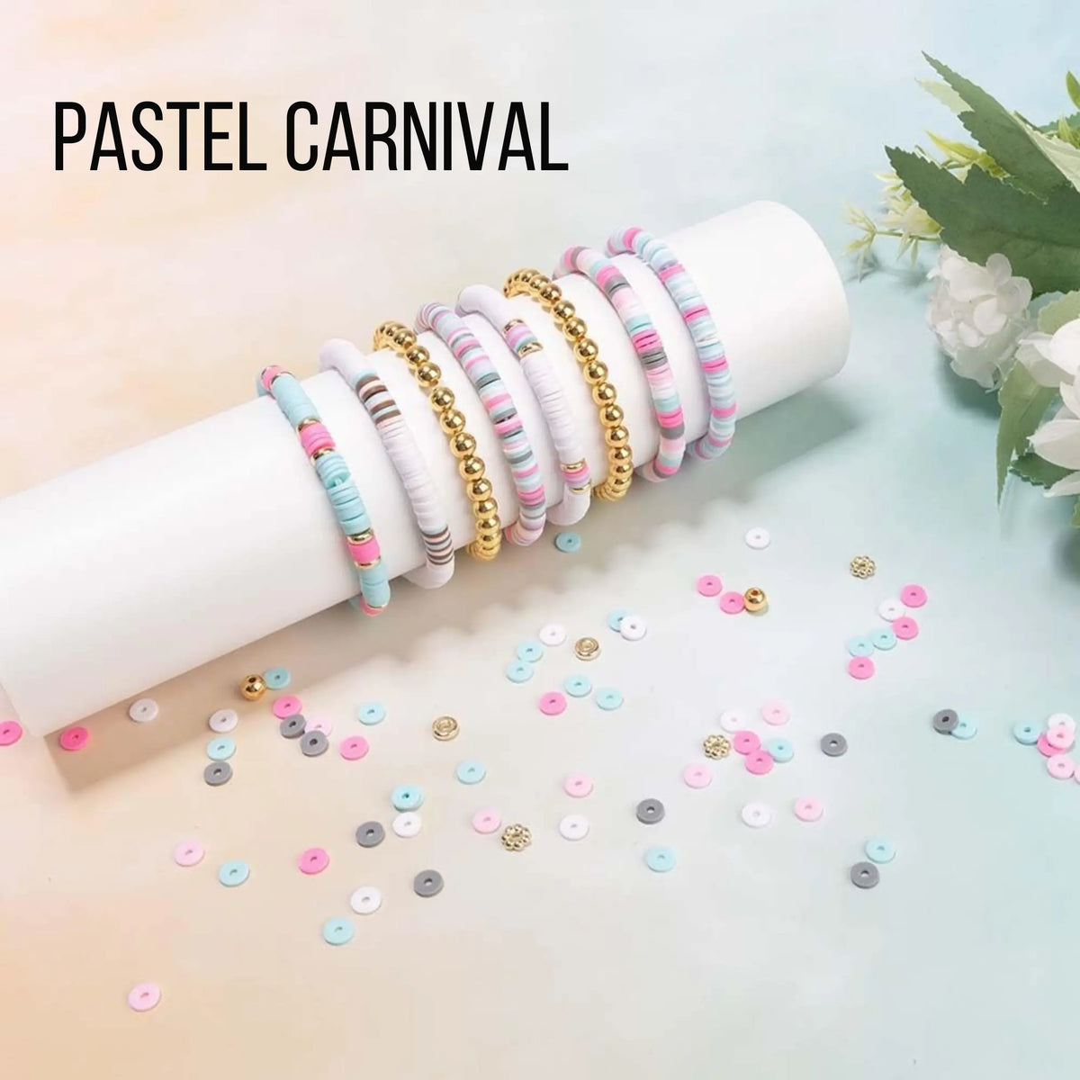 Workshop kit for bracelet stacking by Winks Design Studio, LLC, featuring various colorful bracelet materials and tools.