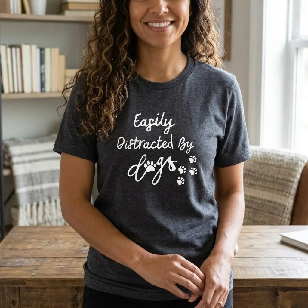 Gray T-shirt from Winks Design Studio, LLC featuring the "Easily Distracted By Dogs" graphic print on the front.
