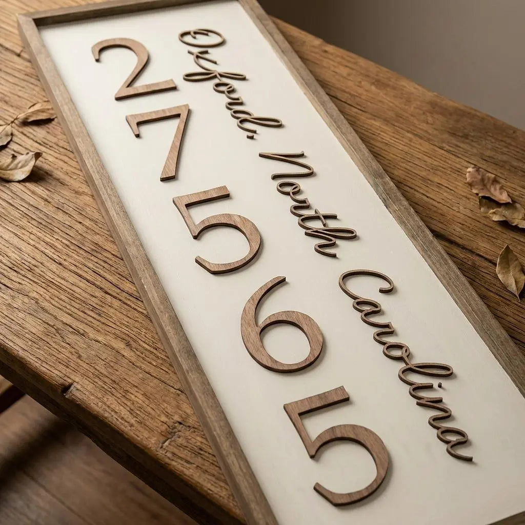 Personalized wooden wall art sign featuring City, State, and Zip Code in vertical layout by Winks Design Studio LLC.