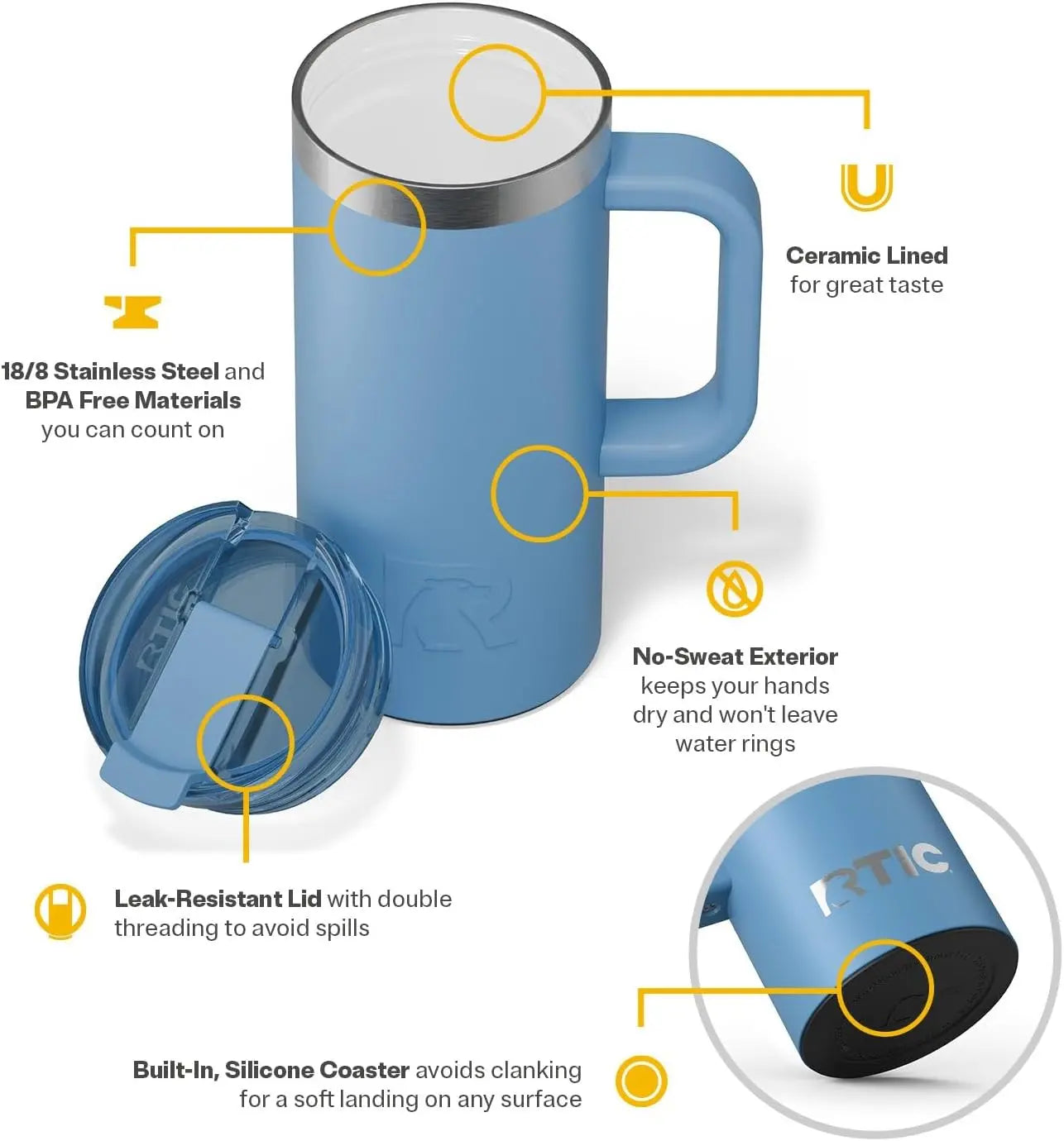 Custom engraved 16oz RTIC travel mug by Winks Design Studio, LLC, featuring a sleek stainless steel design with a secure lid.