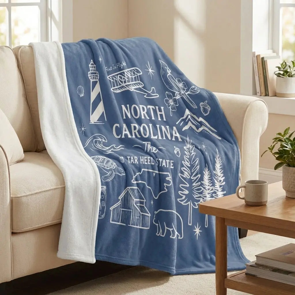 Oversized North Carolina fleece blanket with hand-drawn state icons, measuring 80x60 inches, by Winks Design Studio, LLC.