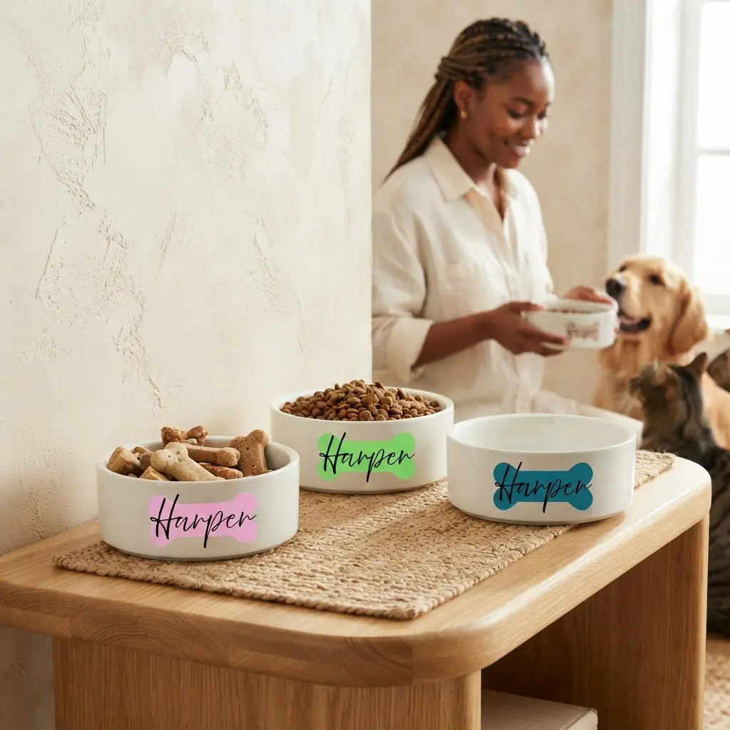 Custom bone-shaped ceramic dog bowl by Winks Design Studio, LLC, with a smooth, glossy finish and decorative bone pattern.
