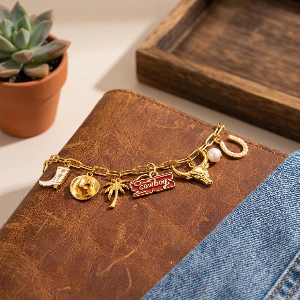 Vintage Rodeo Script Cowboy Charm jewelry by Winks Design Studio, LLC featuring Western enamel design and intricate charm details.