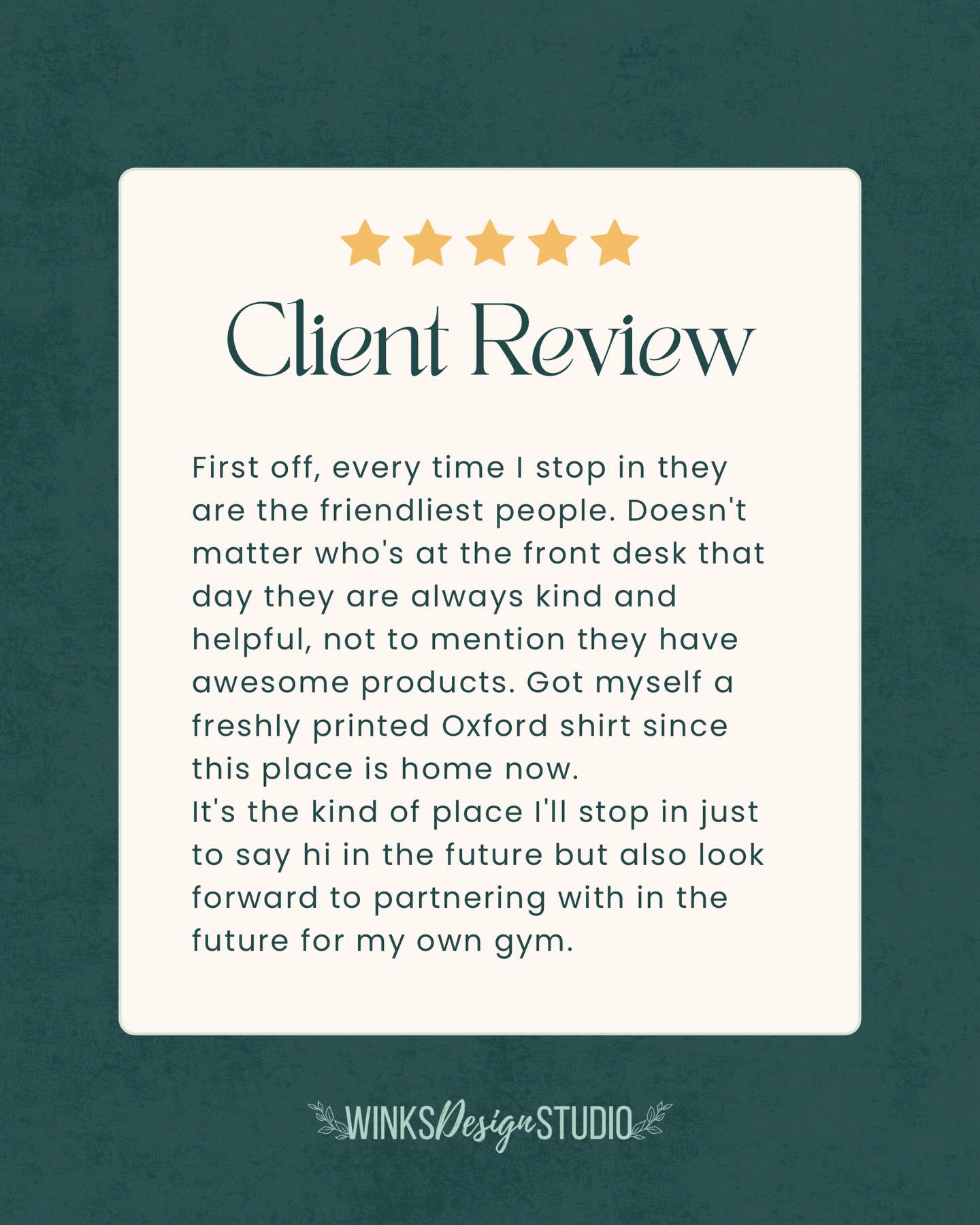 Five-star client review on a green background with Winks Design Studio logo.
