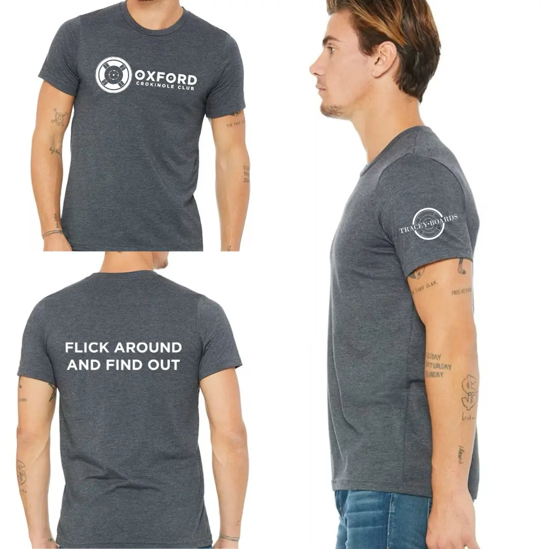 Winks Design Studio Oxford Crokinole Club FAFO T-shirt showing a casual fit with printed design on front, white fabric, and crew neckline.
