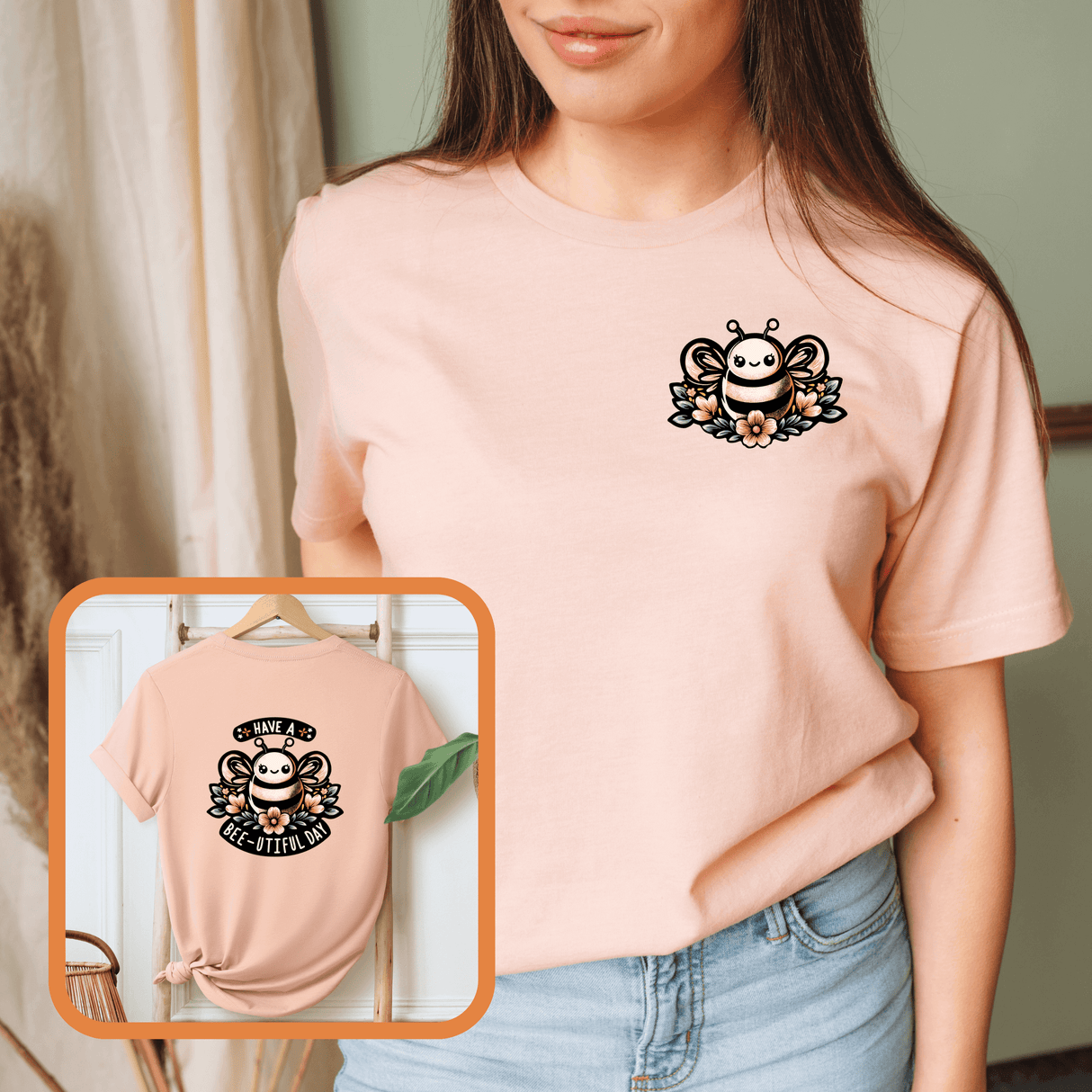 Woman wearing Bee-utiful Day short sleeve t-shirt with hand-drawn bee and floral design, back view shows "Have a Bee-utiful Day" message on clothing hanger