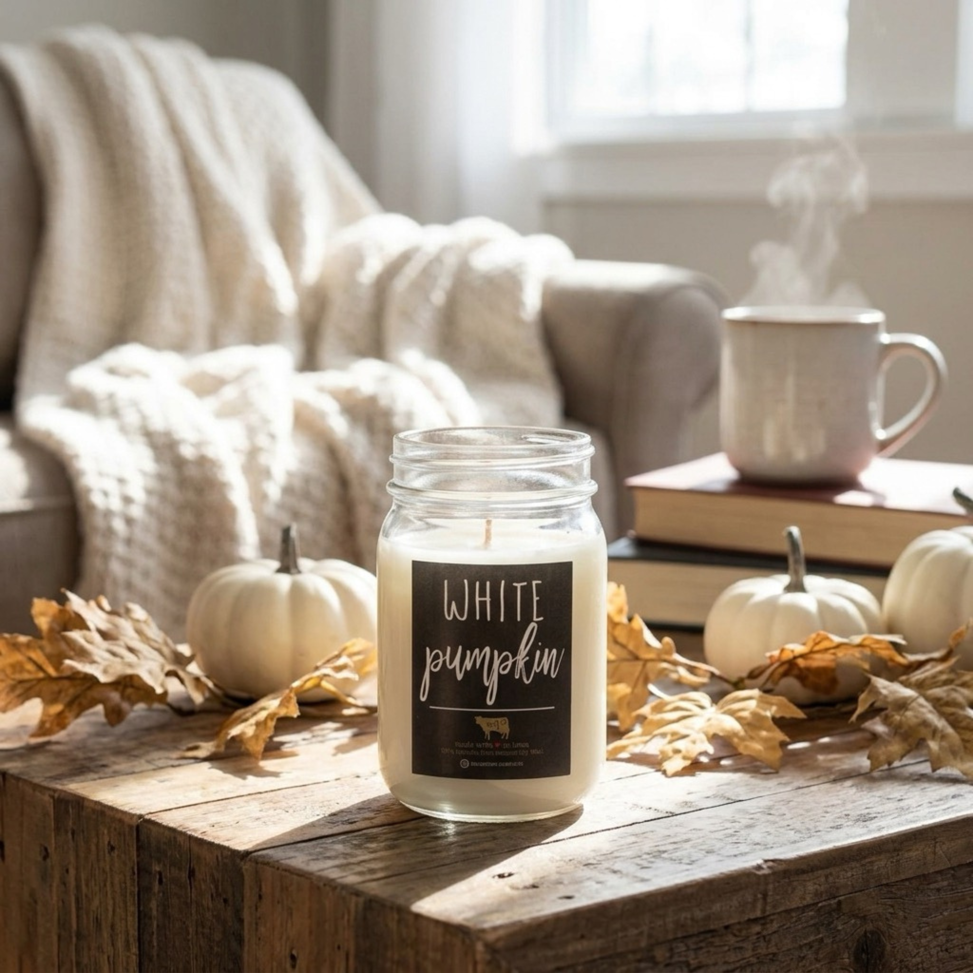 A white pumpkin scented candle in a clear glass jar sits on a rustic wooden table in a cozy living room setting. The candle features a black label with white text reading &