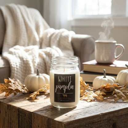 A white pumpkin scented candle in a clear glass jar sits on a rustic wooden table in a cozy living room setting. The candle features a black label with white text reading &