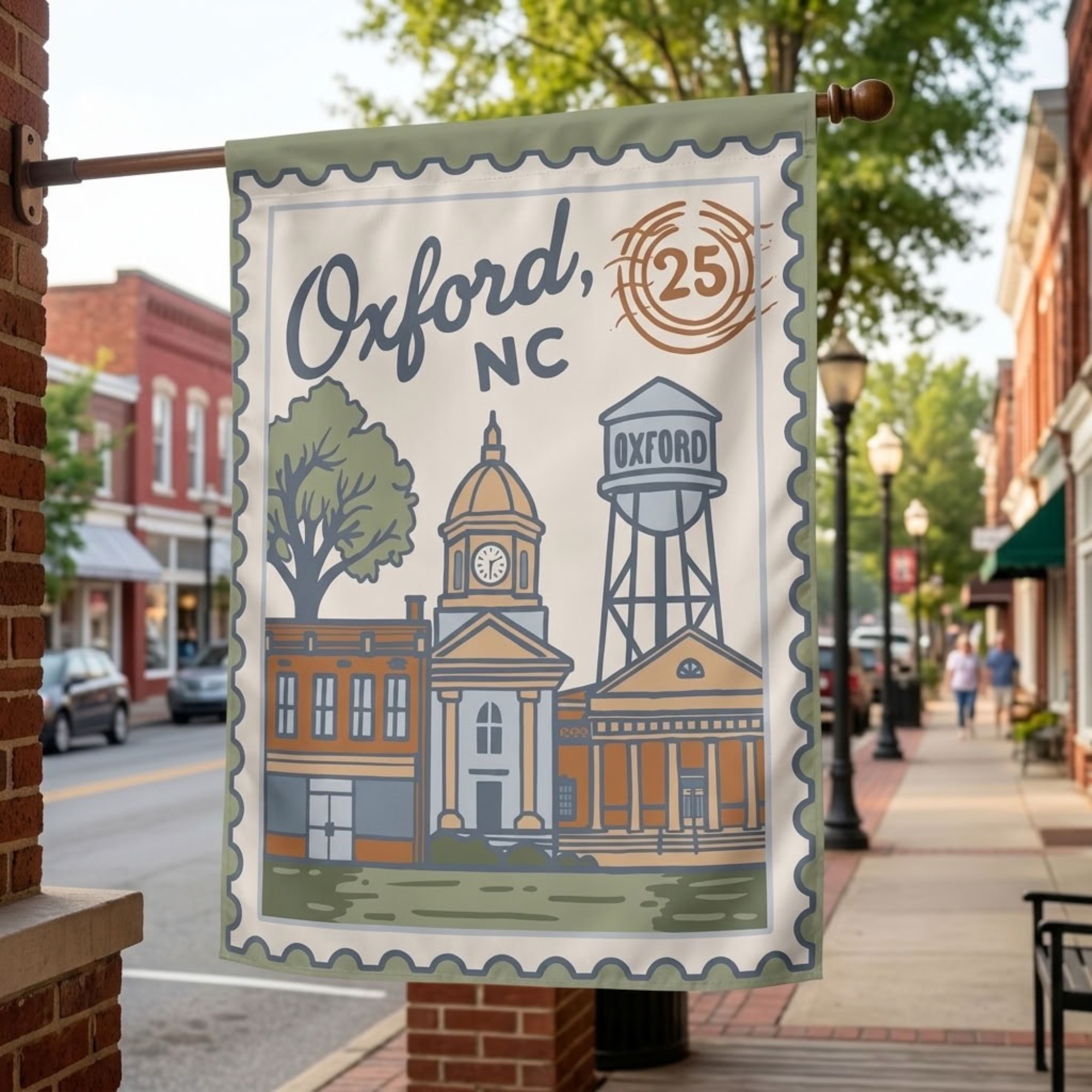 A vertical garden flag featuring a stylized illustration of Oxford, NC landmarks including a clock tower, tree, and water tower, hanging from a wooden post on a brick building in an outdoor street setting.