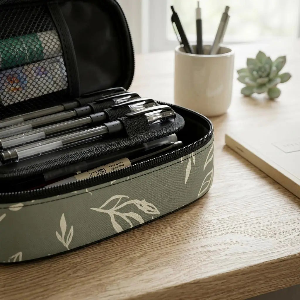 Sage and stem 3-layer pencil case by Winks Design Studio, LLC with multiple compartments and a zipper closure for storing pens and pencils.