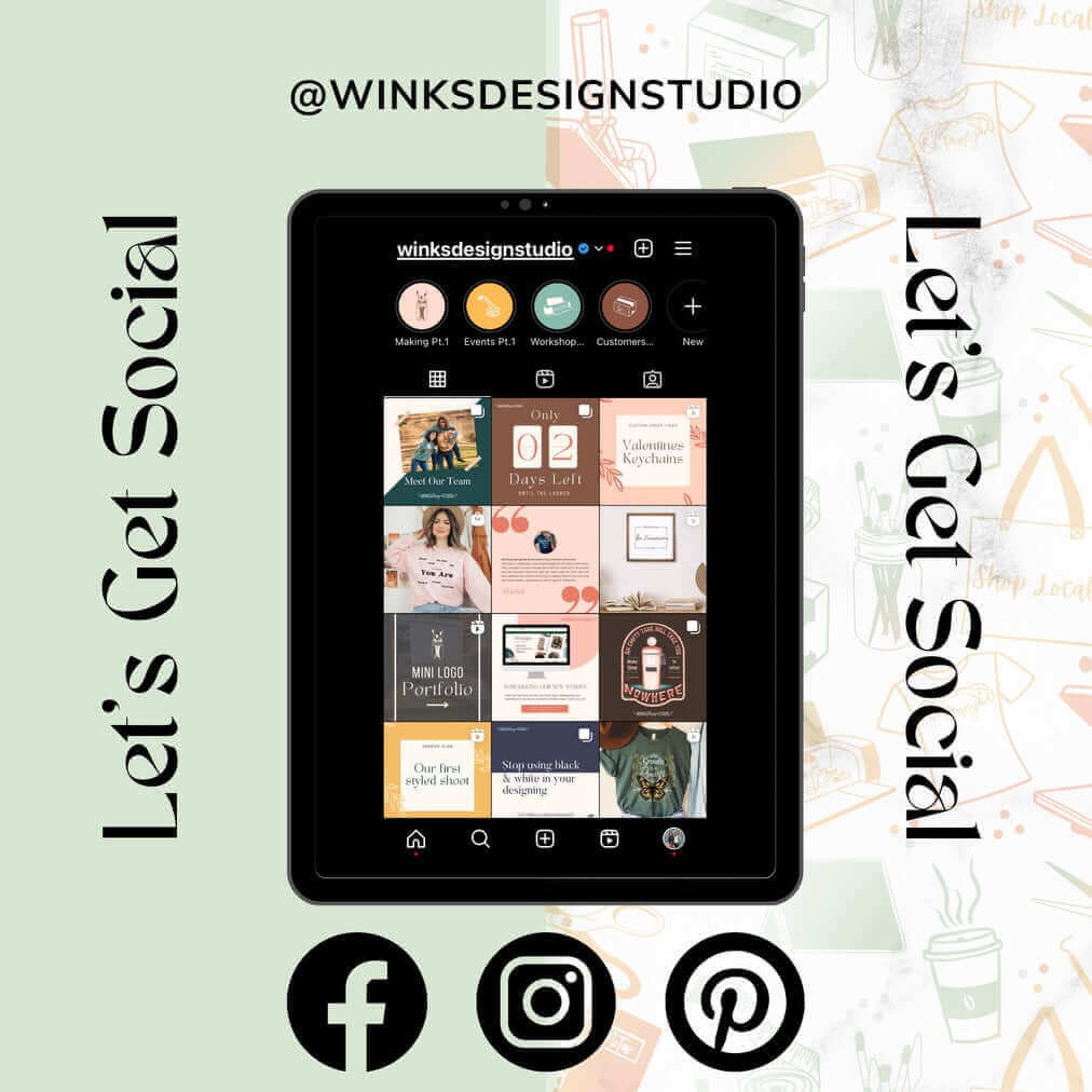 Tablet displaying social media posts from Winks Design Studio with "Let's Get Social" text and icons for Facebook, Instagram, and Pinterest.