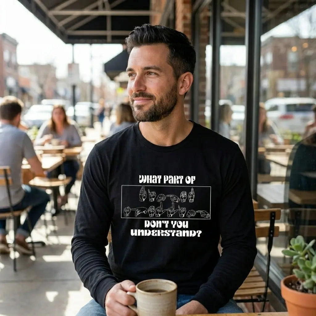 Long sleeve shirt featuring ASL finger spelling design by Winks Design Studio, LLC, with visible lettering on the front.