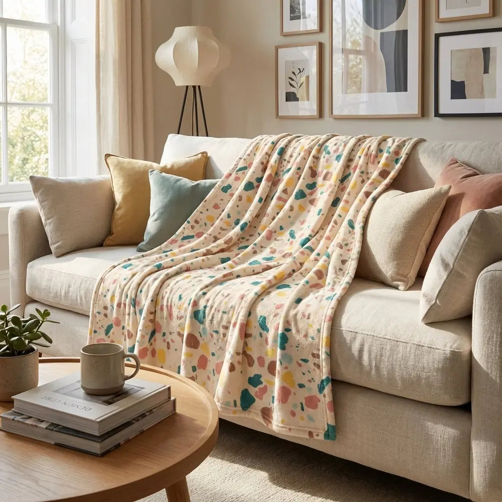 Winks Design Studio terrazzo blanket with colorful speckled pattern, soft and cozy textile for stylish home decor.