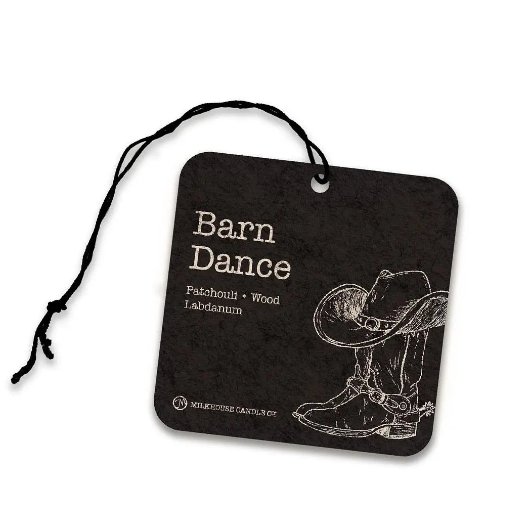 Milkhouse Candle Co. Barn Dance car freshener by Winks Design Studio, LLC, showing the decorative hanging scent diffuser.